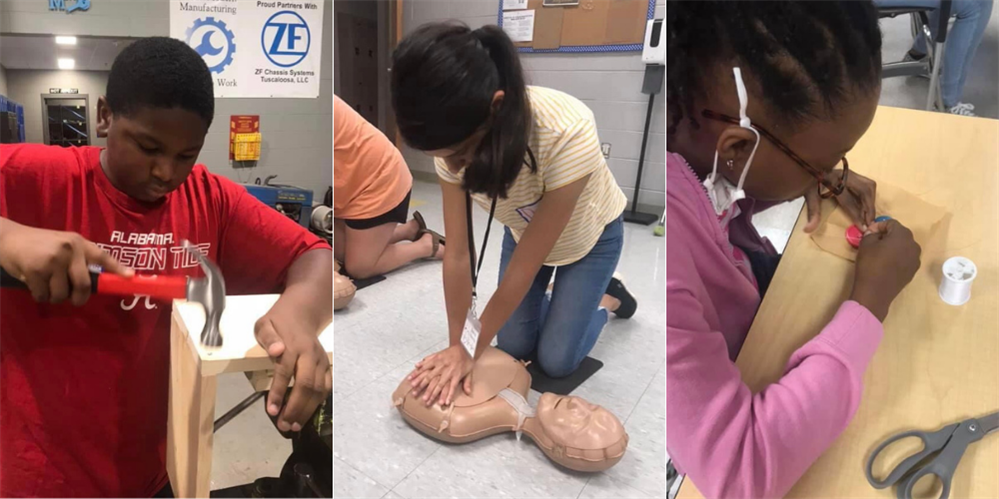three images: student hammering, student practicing CPR, student sewing three images: student hammering, student practicing CPR, student sewing